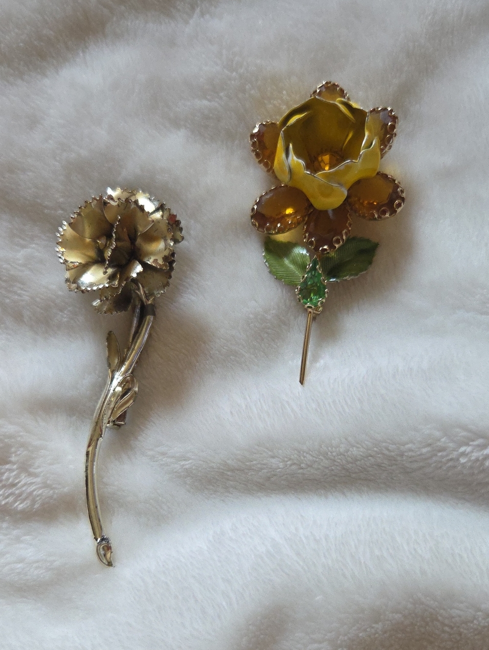 Yellow Enamel Flower Brooch with Green Leaf Accents - Unknown Brand